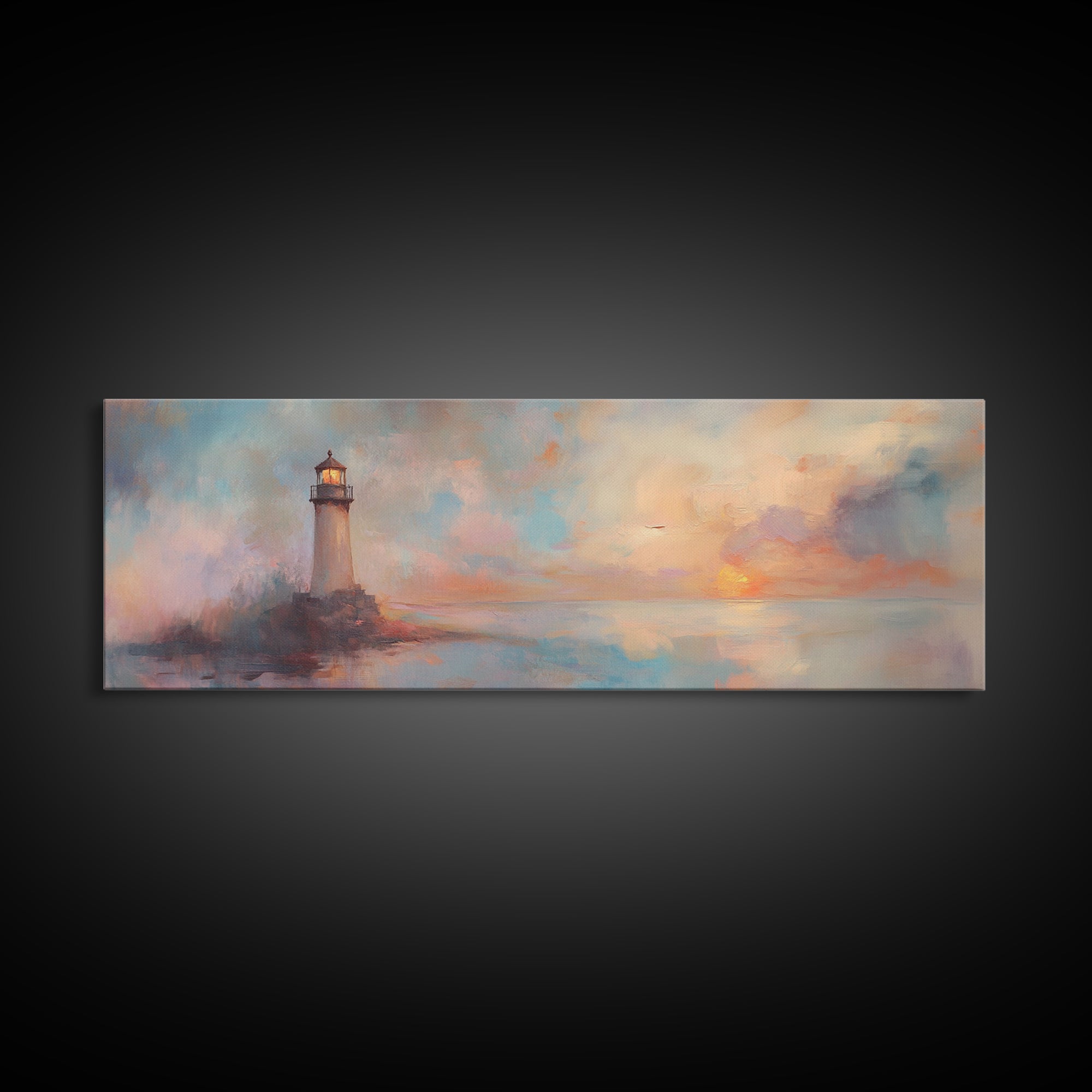 Nautical Home Decor, Whimsical Lighthouse Panoramic Painting Canvas Print, Seascape Painting, Light House Wall Art, Lighthouse Print