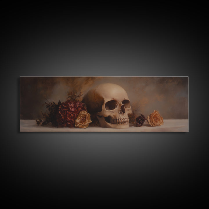 Dark Academia Oil Painting Print Stil Life of a Skull and Flowers, Gothic Home Decor, Goth Art, Witchy Decor, Halloween Art, Moody Decor