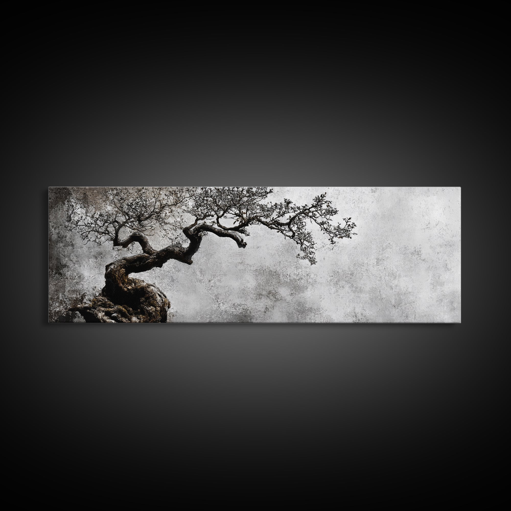 Black and White Bonzai Tree Framed Canvas Print, Wabi Sabi Japanese Style Home Decor, Minimalist Art, Moody Decor, Moody Art