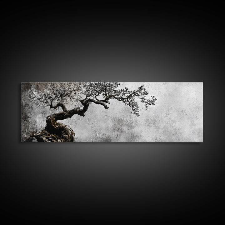Black and White Bonzai Tree Framed Canvas Print, Wabi Sabi Japanese Style Home Decor, Minimalist Art, Moody Decor, Moody Art