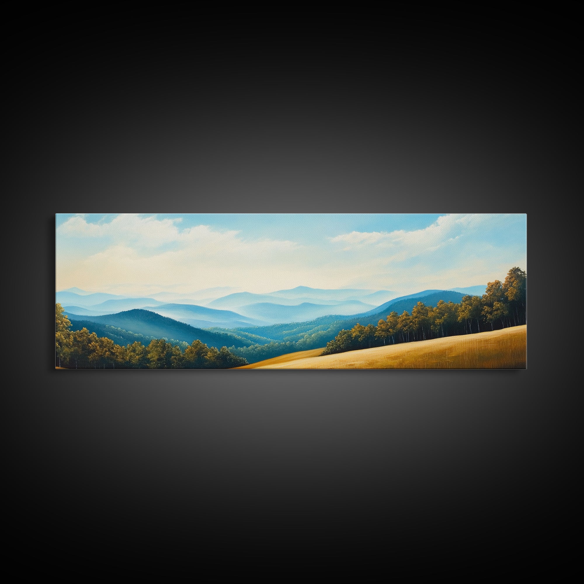 Blueridge Mountains Framed Canvas Print, Blue Ridge Mountains Painting, Panoramic Landscape Painting, Horizontal Wall Decor