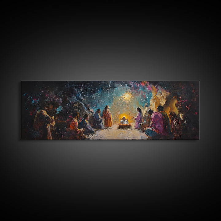 Panoramic Nativity Painting Print, Christmas Decor, Canvas Print, Retro Nativity Scene Oil Painting, Modern Art For Christmas