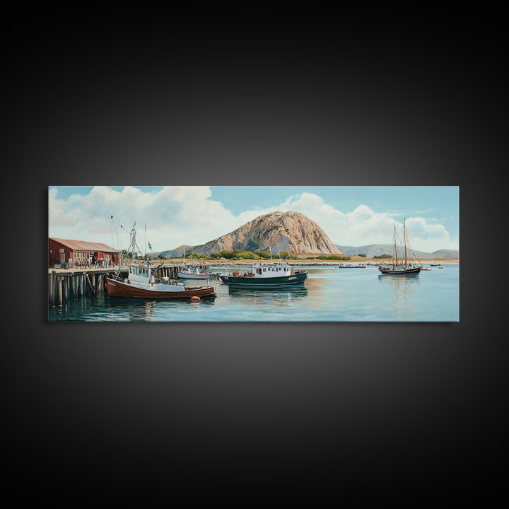 Morro Bay Panoramic Art, Nautical Landscape Painting, Canvas Print, Seascape Panoramic Painting, Seascape Landscape Wall Art Home Decor