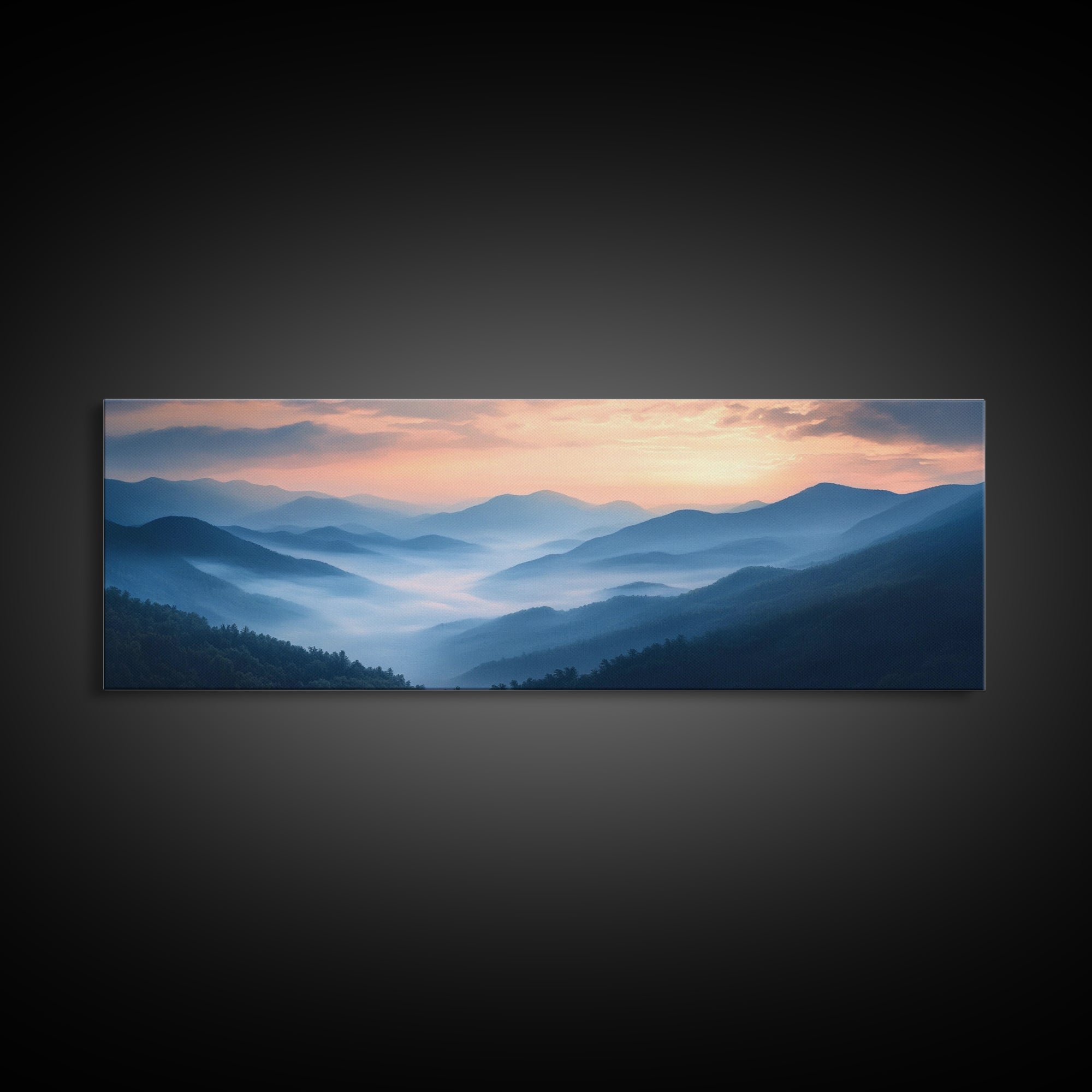 Morning Fog Over the Blue Ridge Mountains, Framed Canvas Print, Landscape Nature Wall Art, Painting Canvas Print, Mountain Painting Art