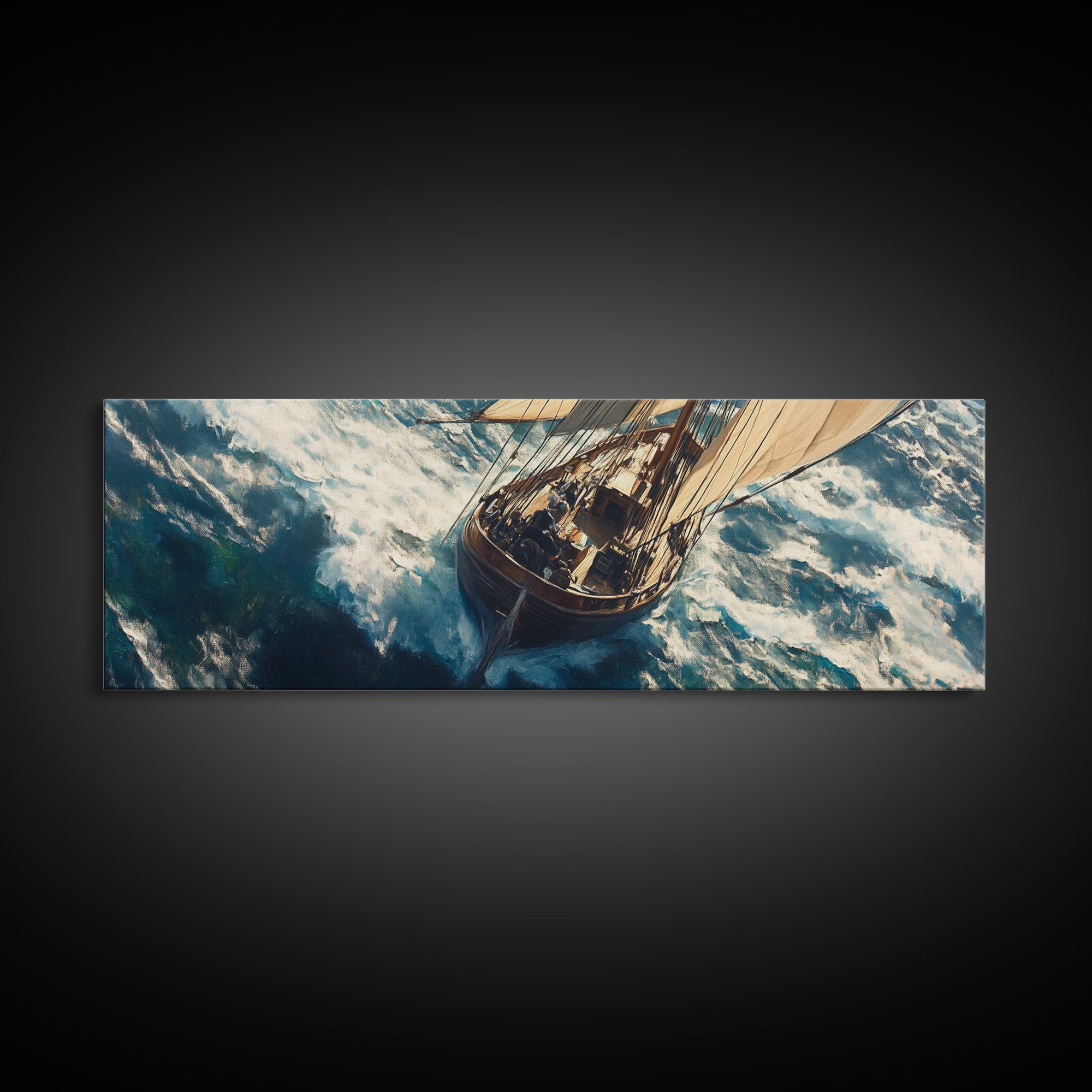 The Storm - Sailboat Battles a Hurricane Framed Canvas Print Panoramic Nautical Decor Fisherman Painting Nautical Landscape Painting