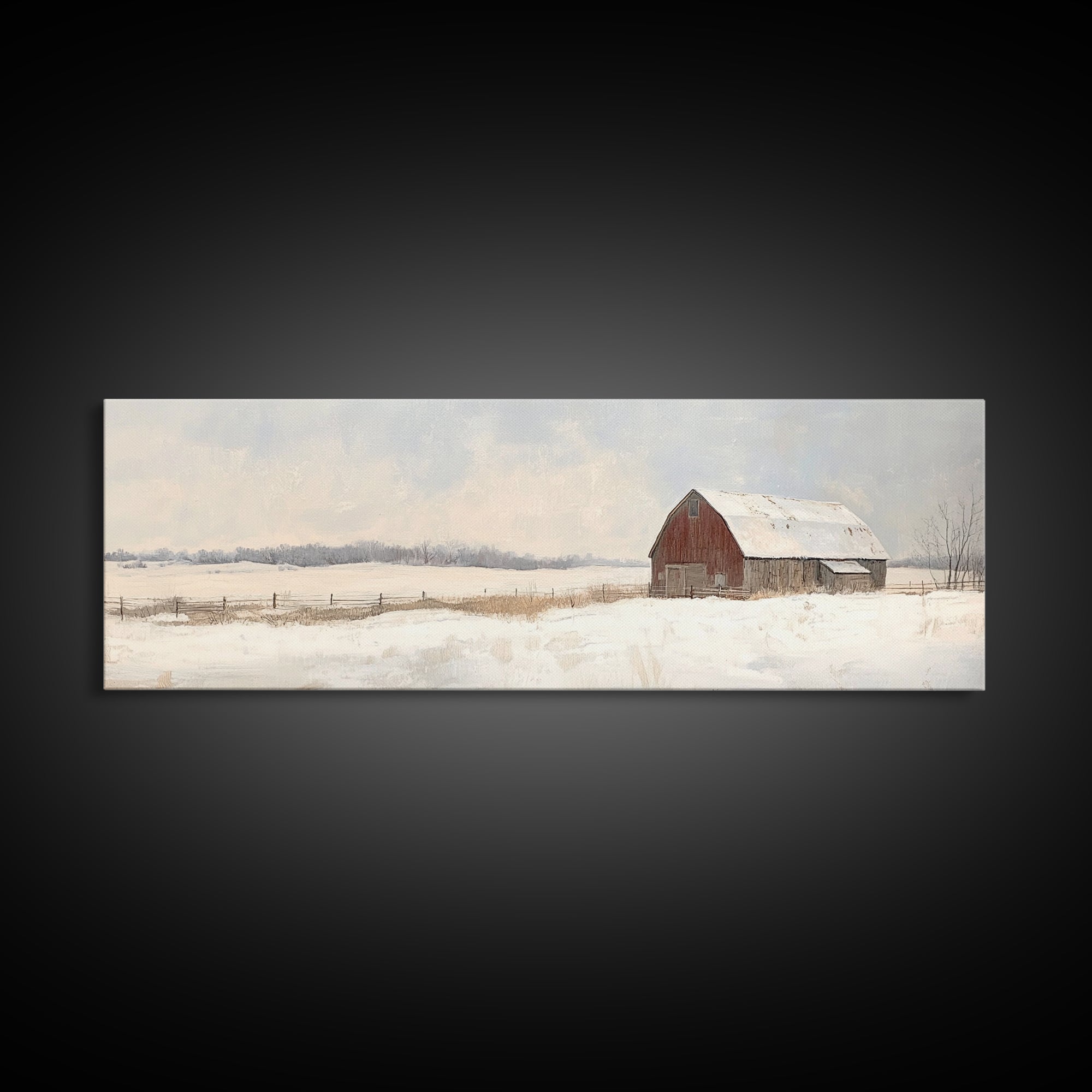 Barn Landscape Oil Painting Print - Retro Farm Wall Art - Village Wall Art - Old Red Barn In Winter - Winter Landscape - Winter Centerpiece Art