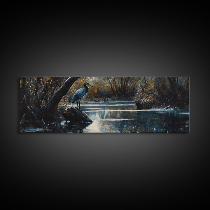 Blue Heron Wall Art, Framed Canvas Print, Nautical Home Decor, Blue Heron Painting, Panoramic Horizontal Wall Art