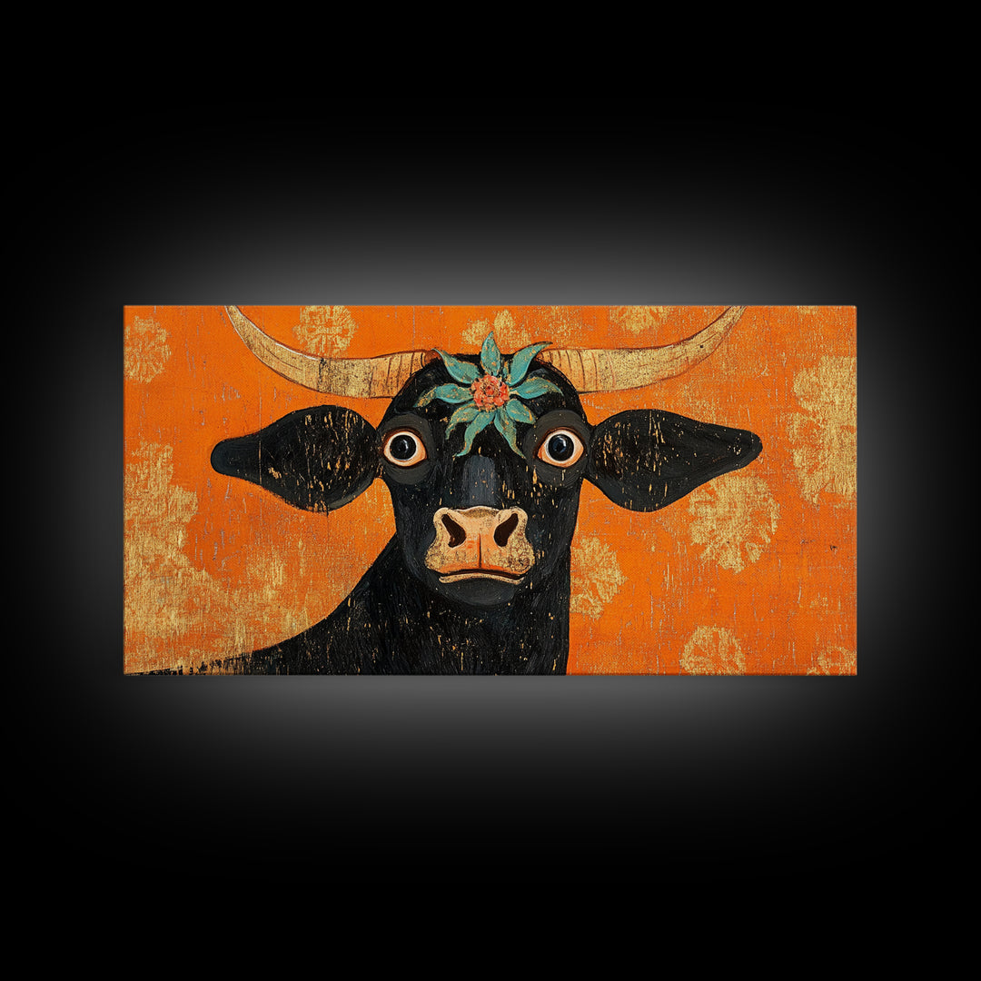 Abstract Wide Eyed Cow, Funny Art, Framed Canvas Print, Chicano Wall Art, Mexican Style Art, Farmhouse Decor, Cow Painting, Cow Print