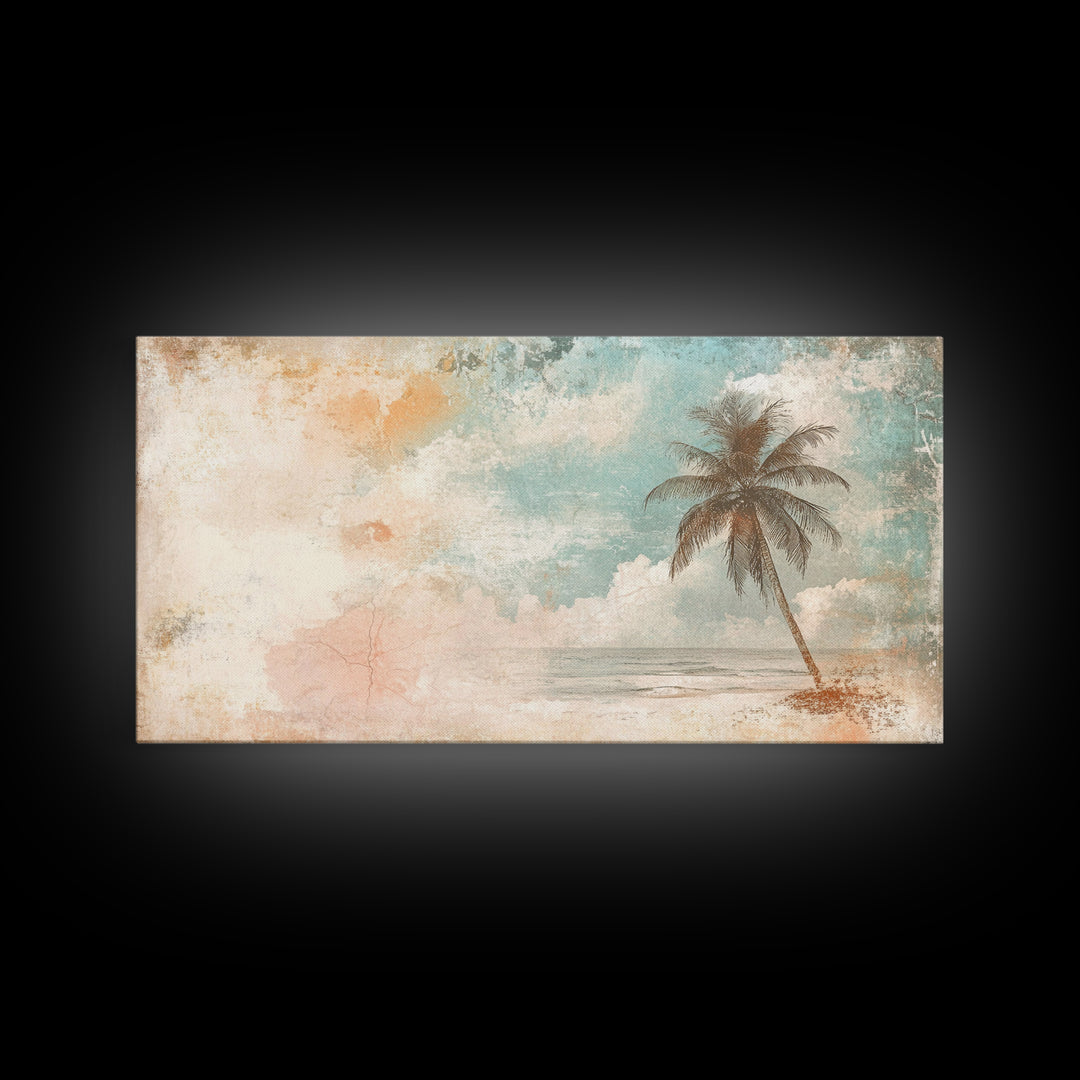 Distressed Painting Print of a Lone Palm Tree on a Beach, Framed Canvas Print, Retro Nautical Landscape Painting, Beach Wall Art, Beach Print