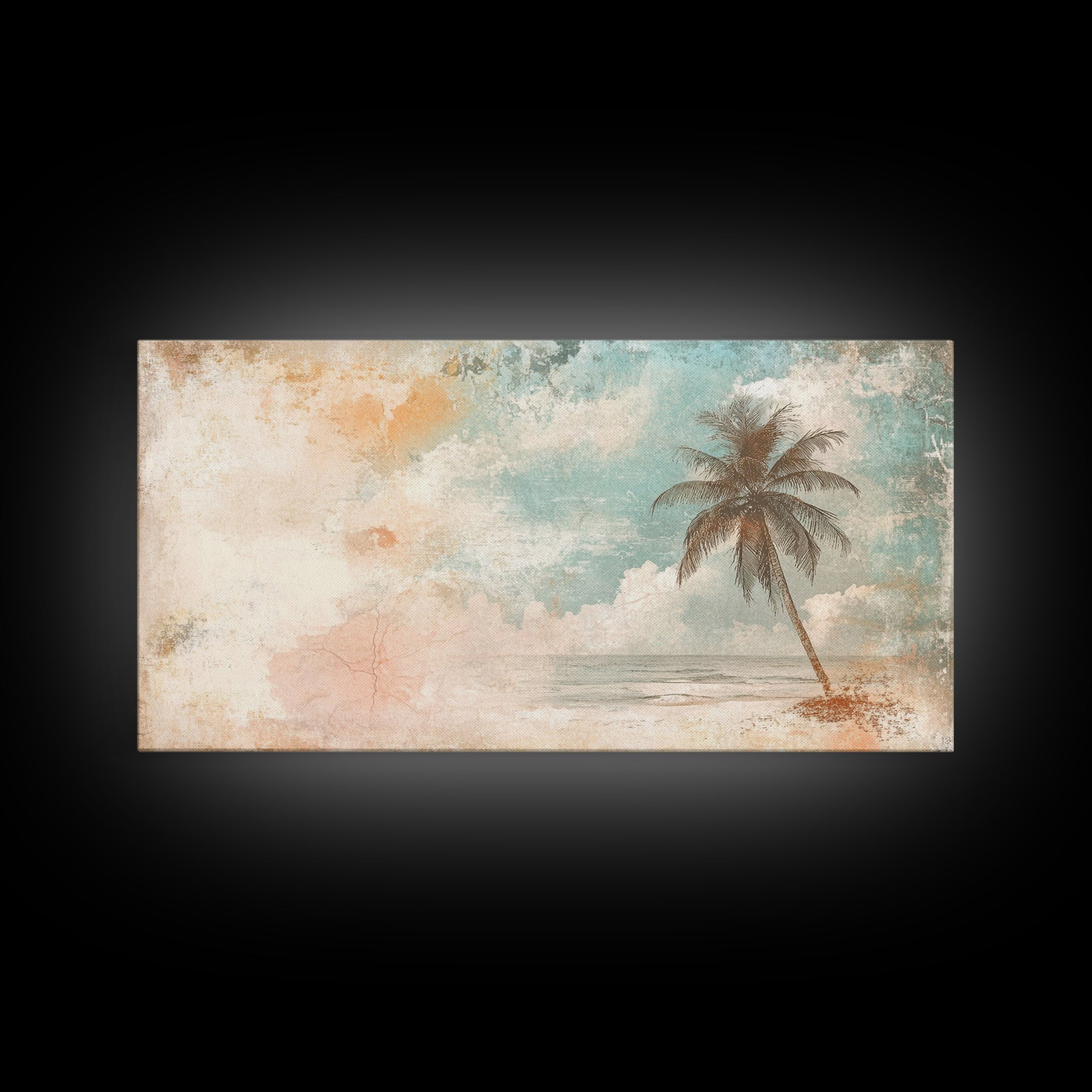 Distressed Painting Print of a Lone Palm Tree on a Beach, Framed Canvas Print, Retro Nautical Landscape Painting, Beach Wall Art, Beach Print
