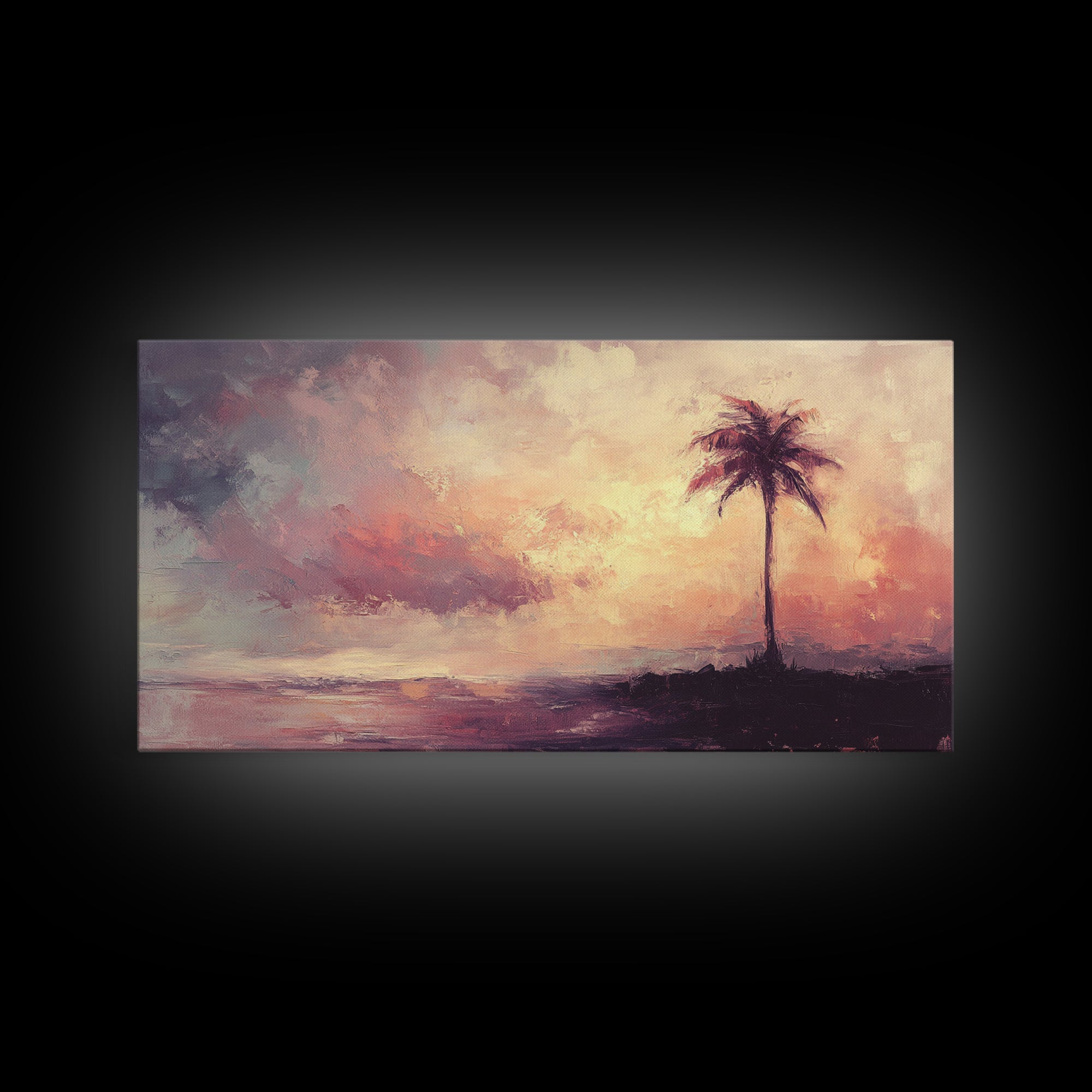 The Beach and the Palm Tree Framed Canvas Print, Nautical Home Decor, Nautical Nursery Art, Moody Beach Painting, Seascape painting
