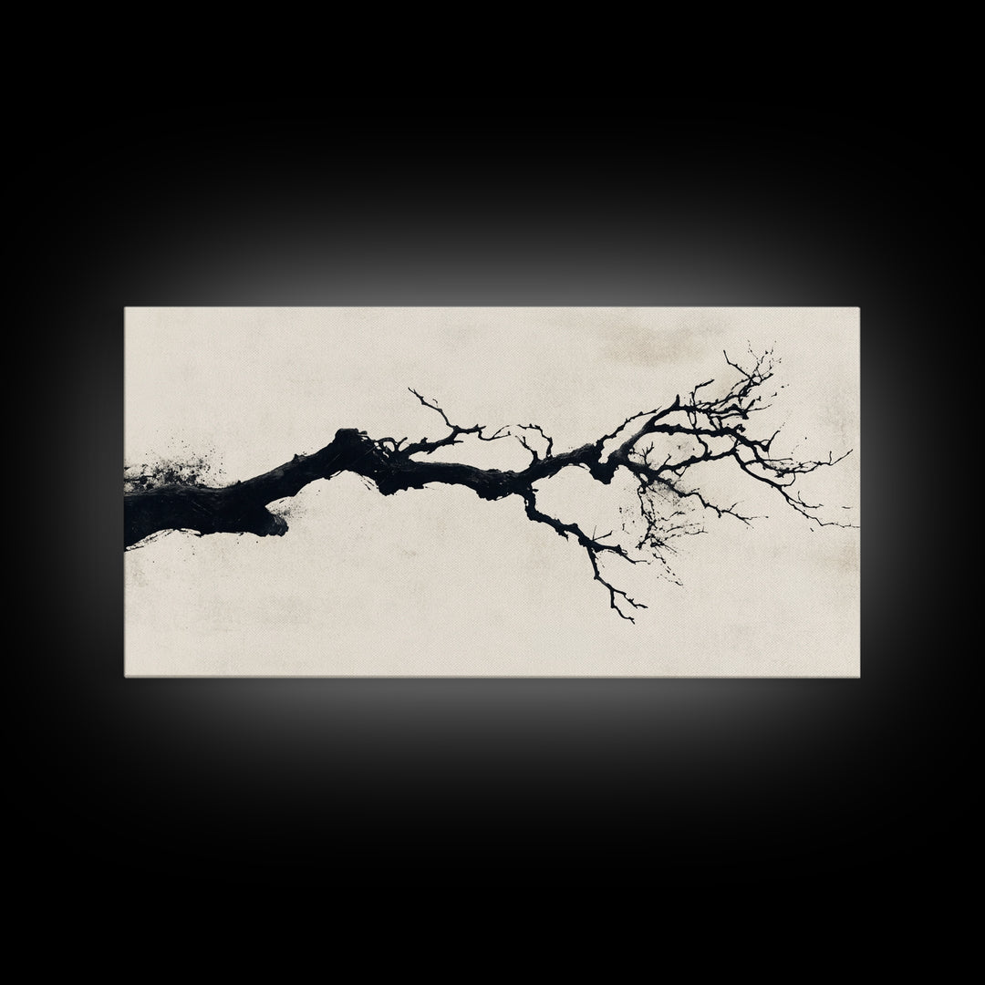 Black and White Wall Art, Framed Canvas Print, Dead Branch Painting on a Black Background, Charcoal Sketch, Charcoal Painting Wall Art