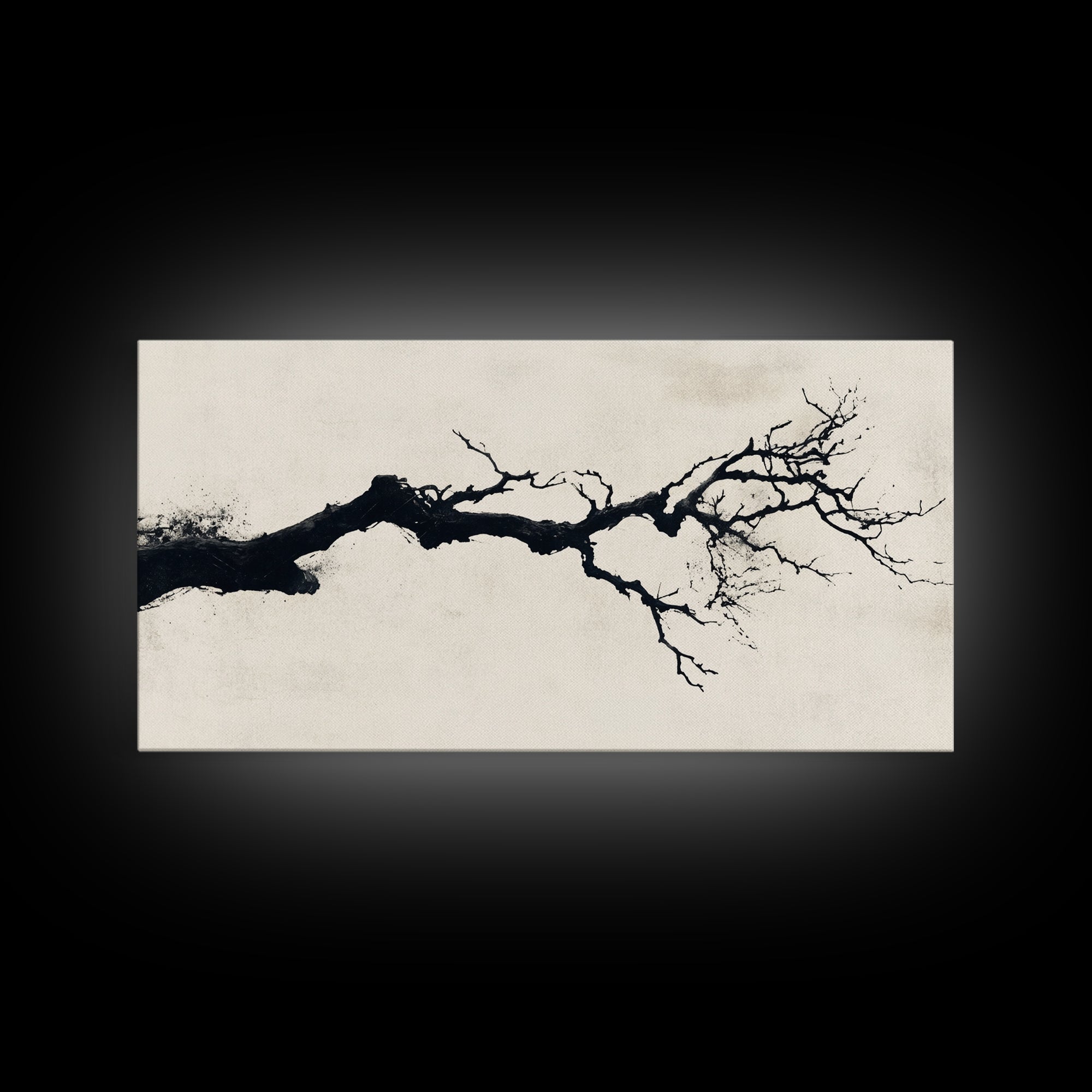 Black and White Wall Art, Framed Canvas Print, Dead Branch Painting on a Black Background, Charcoal Sketch, Charcoal Painting Wall Art