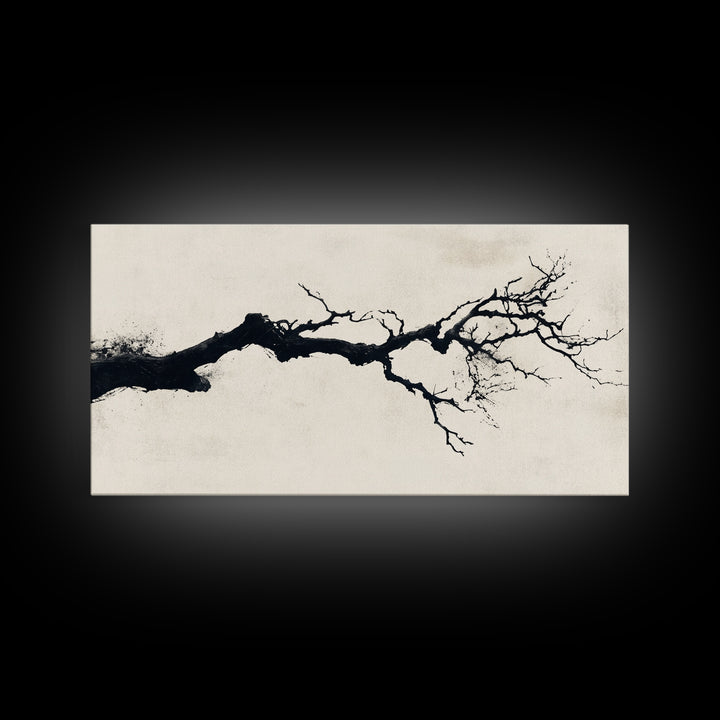 Black and White Wall Art, Framed Canvas Print, Dead Branch Painting on a Black Background, Charcoal Sketch, Charcoal Painting Wall Art