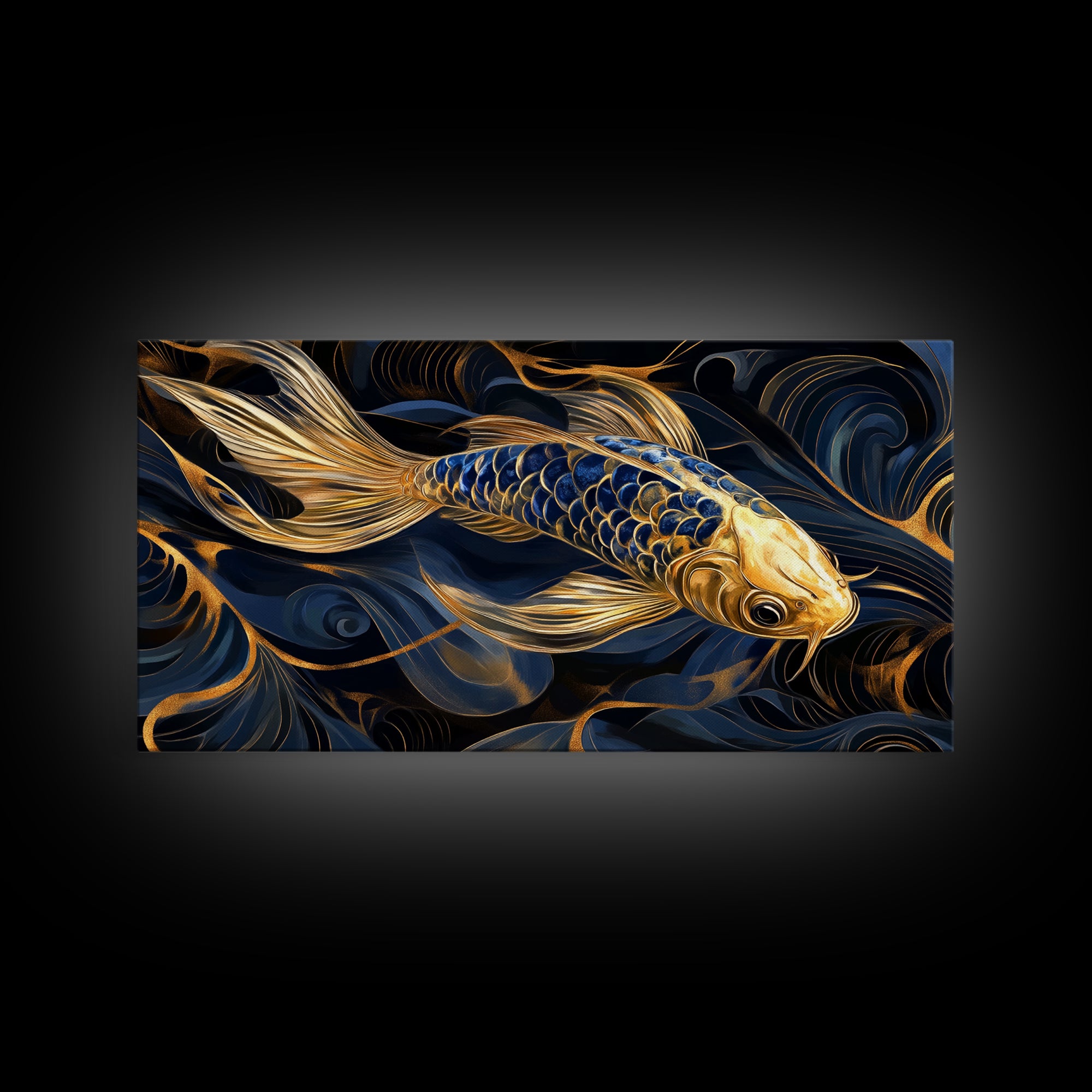 Black and Gold Koi Fish Framed Canvas Print, Wabi Sabi Style Home Decor, Koi Fish Painting Koi Fish Art, Modern Living Room Decor