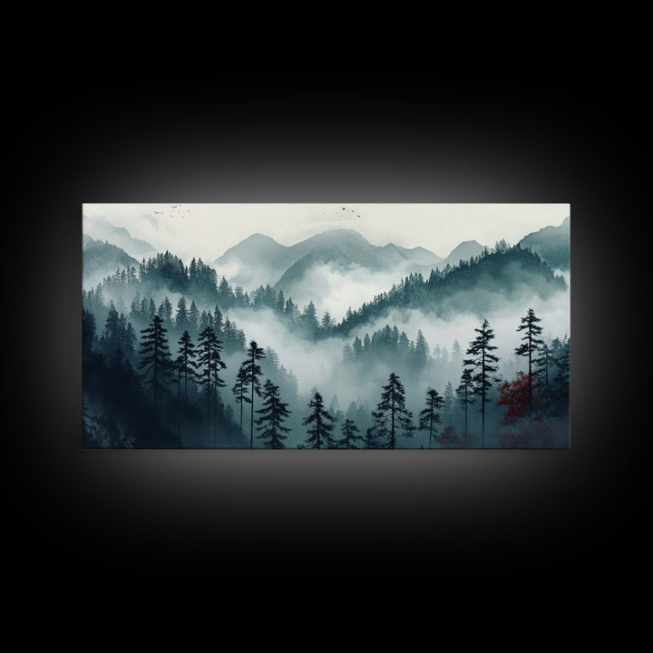Foggy Mountain Landscape At The Break of Dawn, Framed Canvas Print, Foggy Landscape Painting, Blue Ridge Mountains Painting Print
