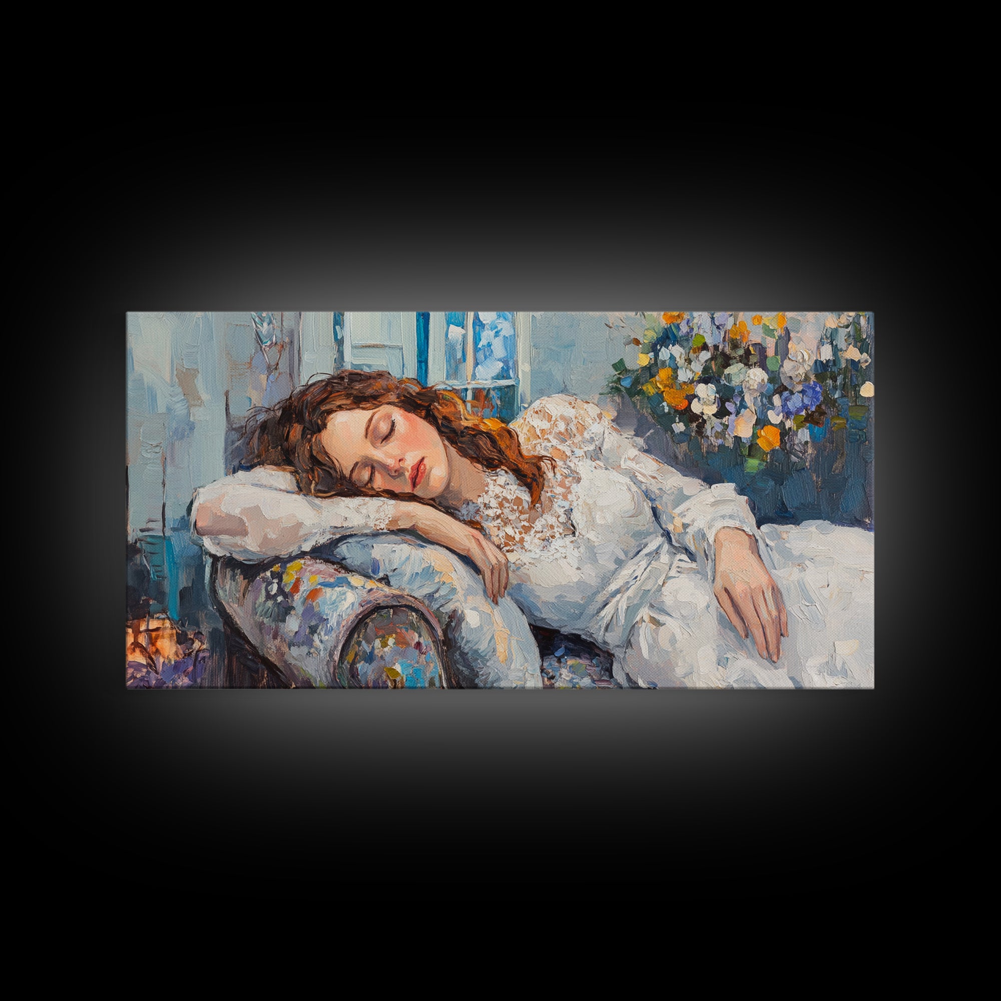 Decadent Young Woman Inspired Wall Art, Framed Canvas Print, Victorian Oil Painting Of a Woman Taking a Nap, Cute Bedroom Decor