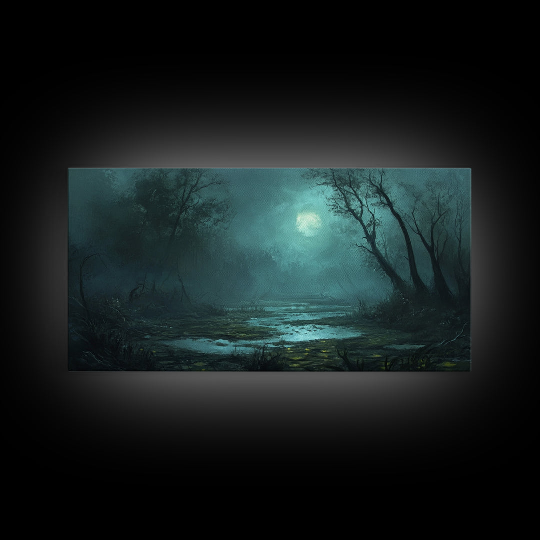 Dark and Moody Wall Art Framed Canvas Print, Oil Painting of a Swamp, Moody Landscape Wall Art