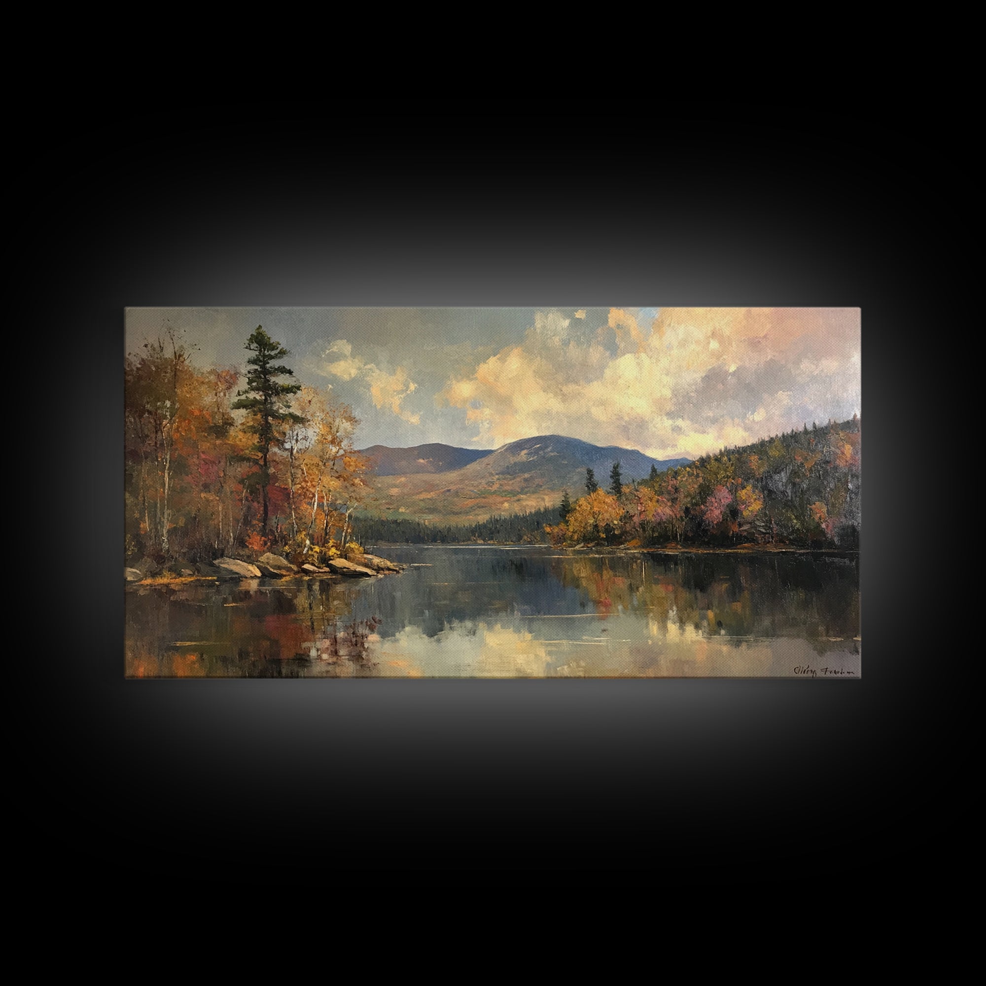 Mountains With Lake French Landscape Panoramic Oil Painting Canvas Print, Canvas with Wood Frame, Modern Living Room Wall Art