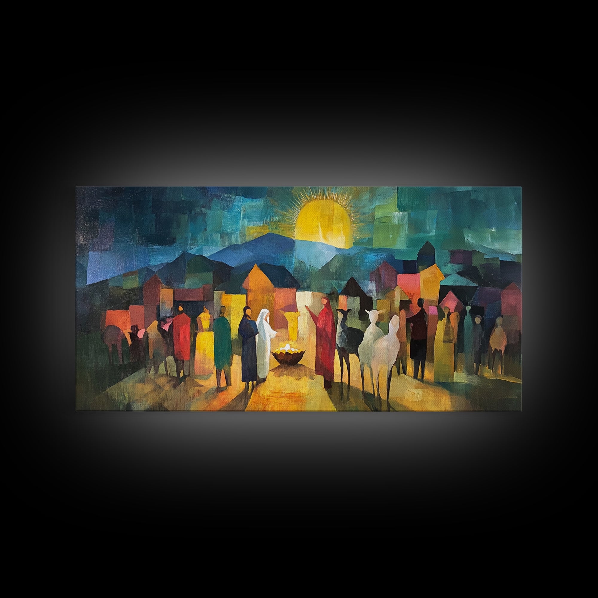 Christmas Nativity Scene Art Print - Framed WalL Art Canvas Print - Mary, Joseph and Baby Jesus in Bethlehem Abstract Oil Painting Print