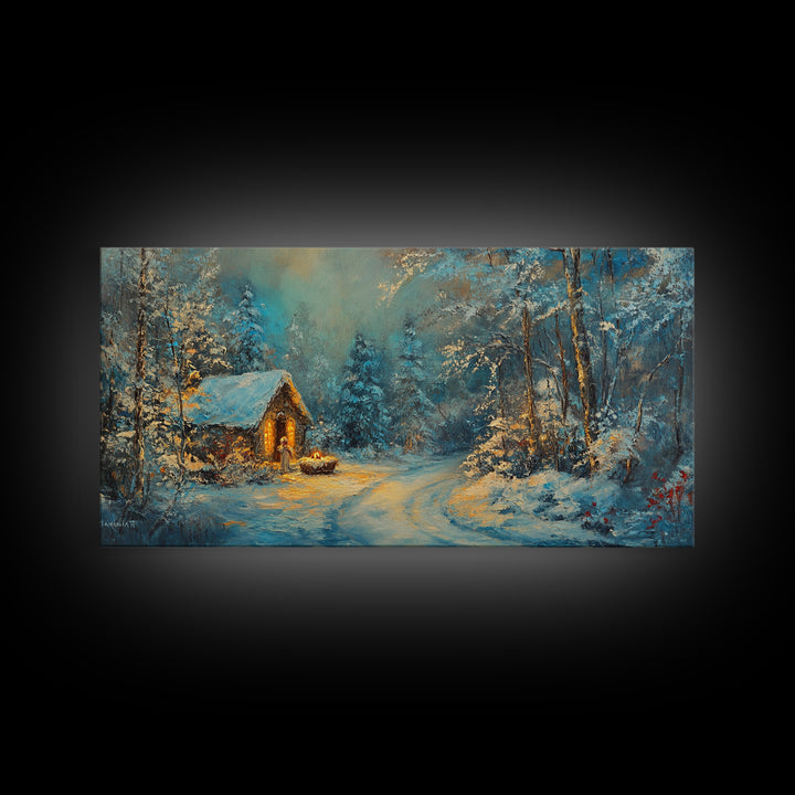 Above Mantle Christmas Wall Art, Framed Canvas Print, Cabin Art, Wall Art For Cabin, Winter Landscape Painting, Winter Themed Home Decor