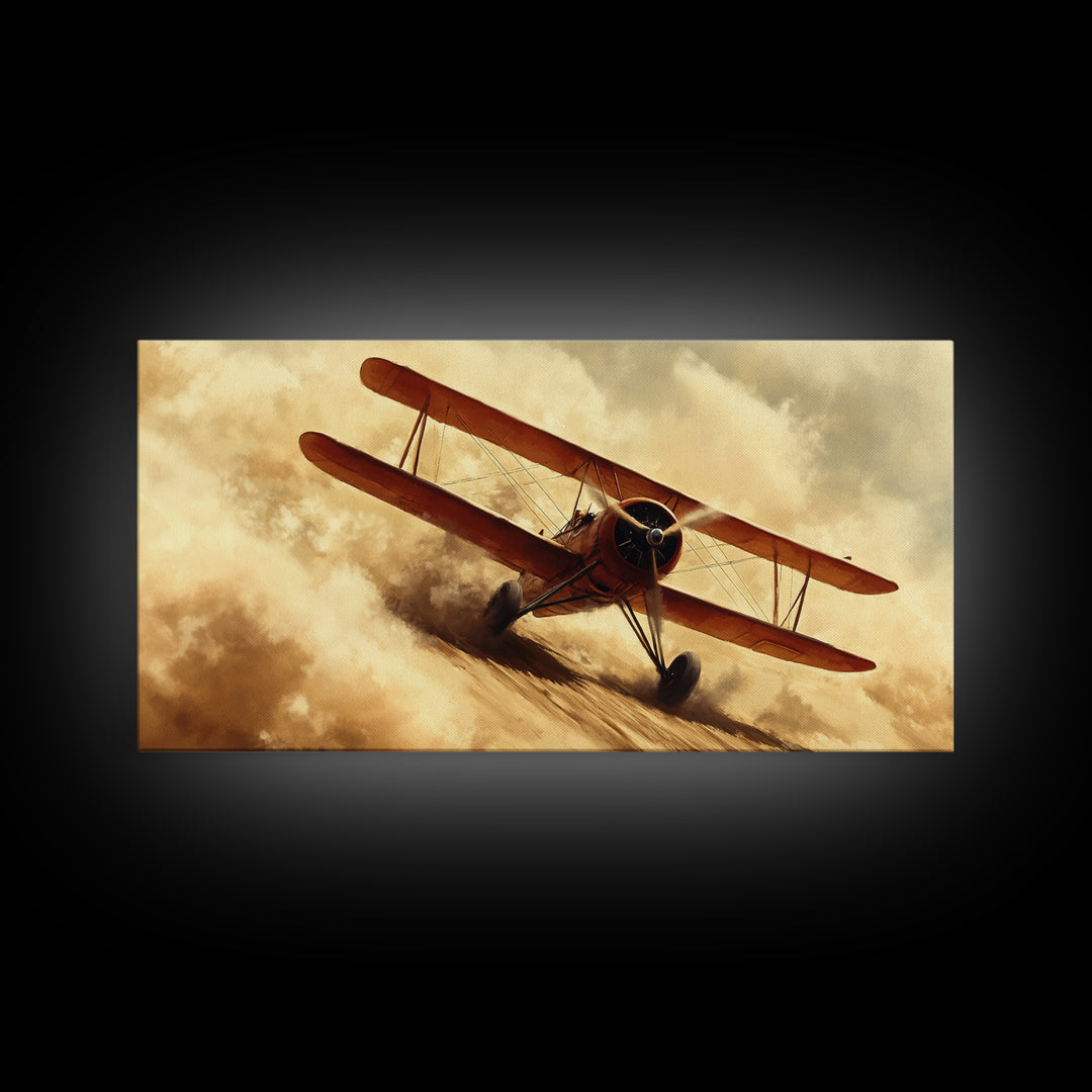 Biplane Taking Off In a Sandstorm, 1920s Airplane Painting, Retro Airplane Wall Art, Gift For Him, Office or Man Cave Wall Art