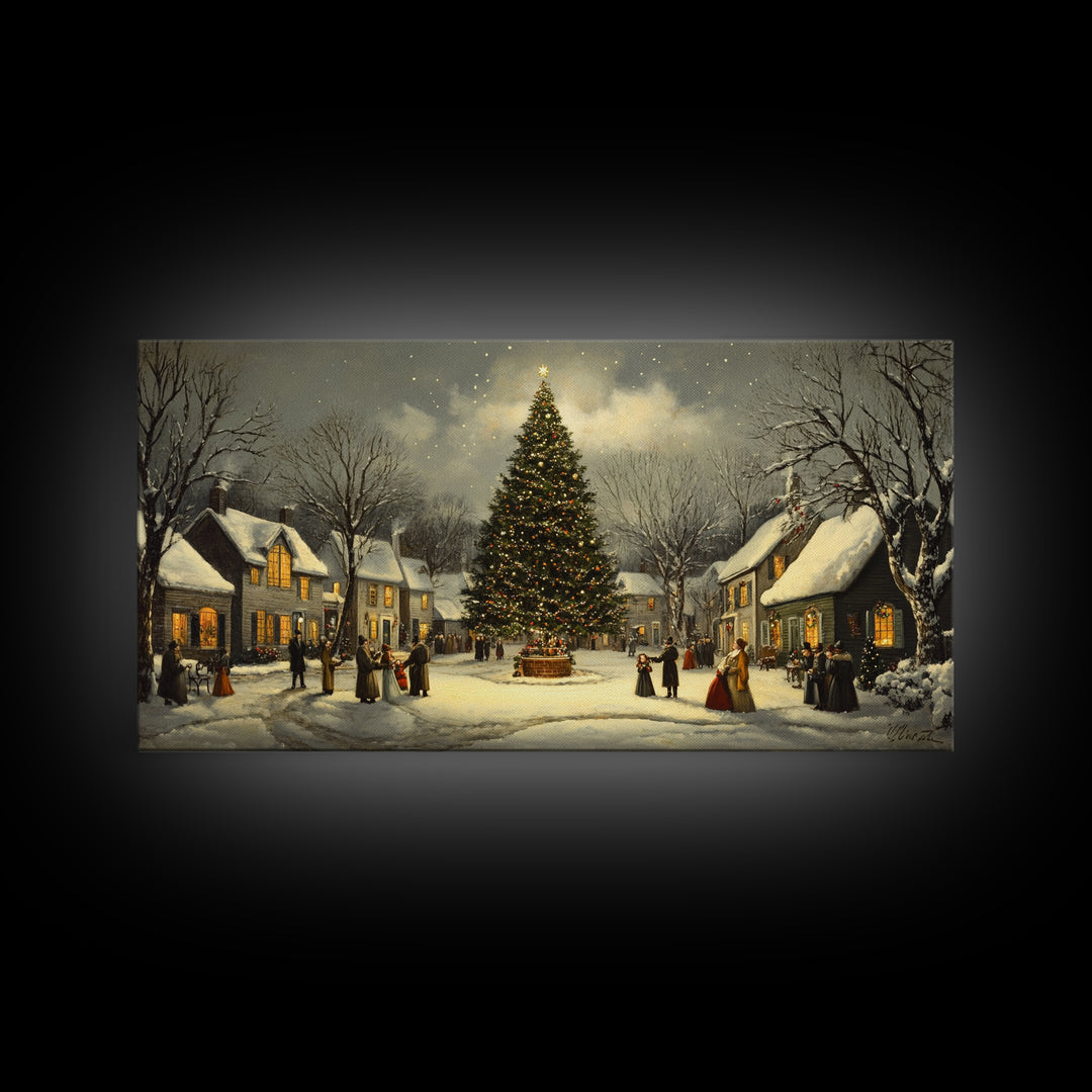 Christmas Village Framed Canvas Print Winter Decor, Canvas Wall Art, Victorian Christmas Oil Painting, Christmas Village Art