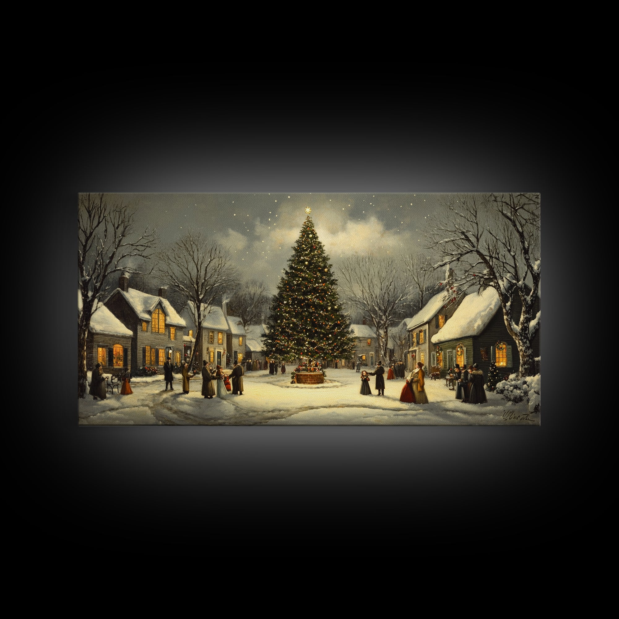 Christmas Village Framed Canvas Print Winter Decor, Canvas Wall Art, Victorian Christmas Oil Painting, Christmas Village Art