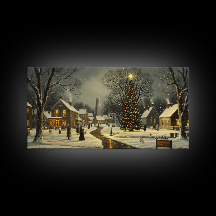Christmas Sceneary Wall Art Framed Canvas Print, Winter Wall Art, Christmas Village Painting, Victorian Christmas Oil Painting, Horizontal Art