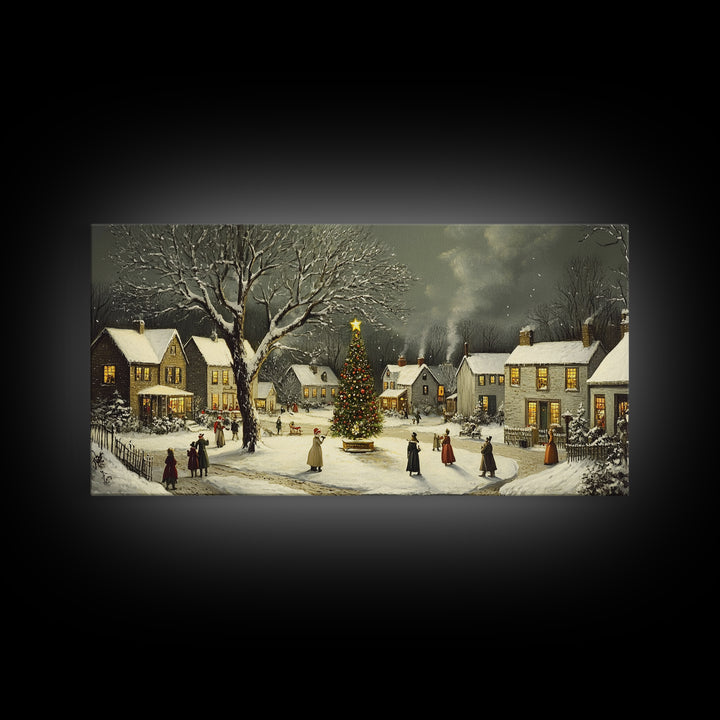 Bustling Christmas Street Scene Oil Painting Canvas Print, Snowy Holiday Night, Festive Victorian Christmas Village Oil Painting, Christmas Decor