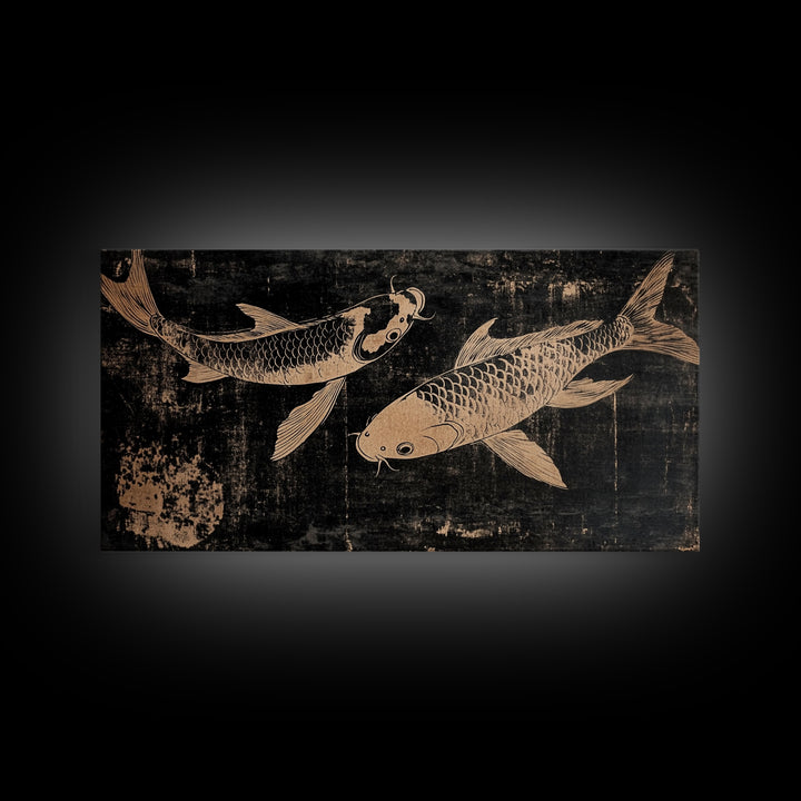 Black and White Koi Fish Oil Painting Print, Elegant Japanese Style Wood Block Print Artwork, Canvas Print Ready To Hang, Centerpiece Art