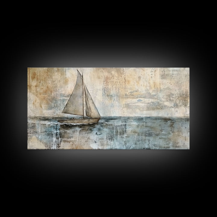 Coastal Sailboat Painting Print, Ready To Hang Art, Framed Canvas, Coastal Art Print For Beach House Decor, Wabi Sabi Sailboat, Inspired Ocean