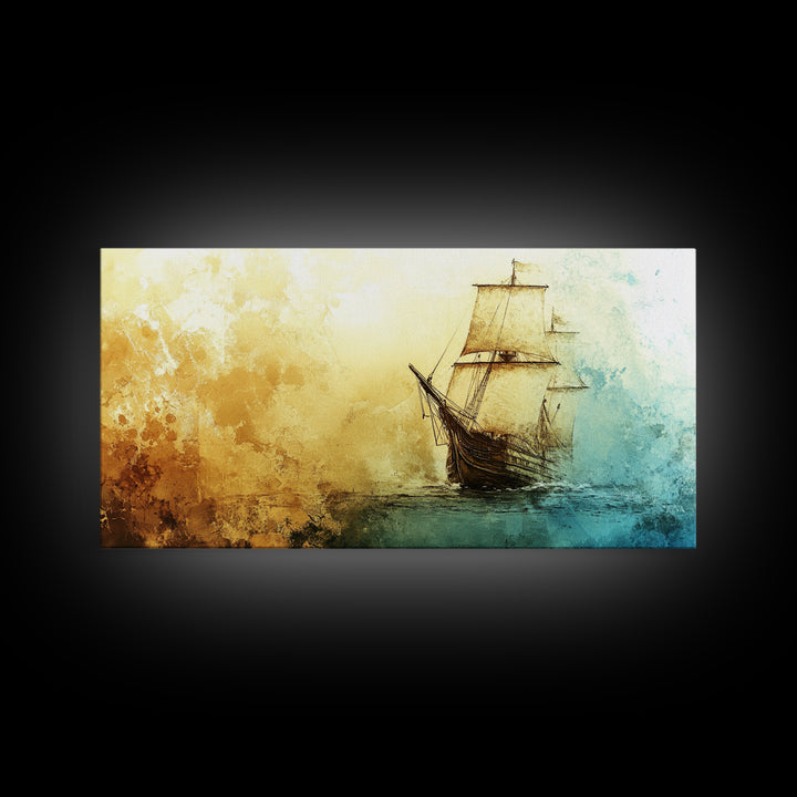 Abstract Pirate Ship Nautical Decor Framed Canvas Print - Nautical Wall Decor - Sailboat Painting - Neutral Wall Decor - Coastal Wall Art
