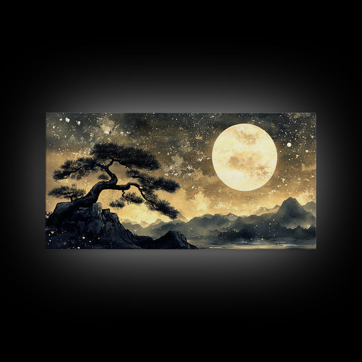 Bonzai Tree Under a Full Moon, Framed Canvas Print Ready To Hang, Minimalist Wabi Sabi Japanese Style Artwork, Above Sofa Wall Art, Home Decor
