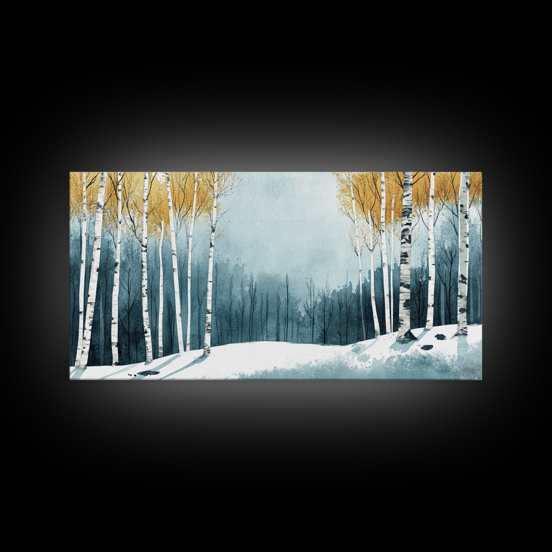 Birch Tree Forest in Winter Framed Canvas Print Ready To Hang Wall Decor, Winter Art, Winter Decor, Birch Painting, Aspen Trees Forest Art