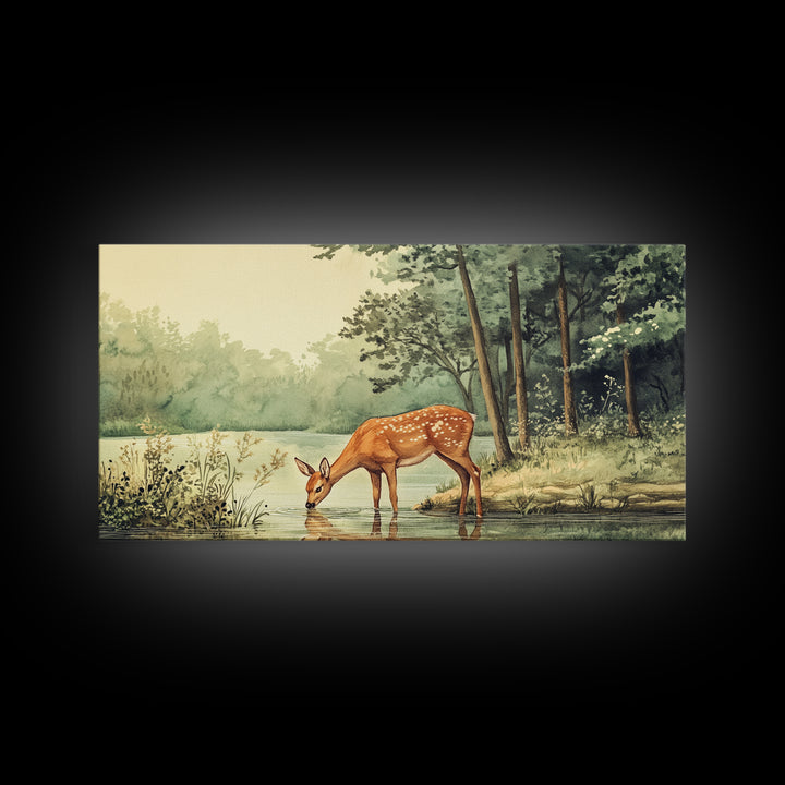 Deer Drinking Water in Forest Painting Print, Deer Painting, Cabin Decor, Cabin Wall Art, Framed Canvas Print, Nature Lover Gift, Nature Art