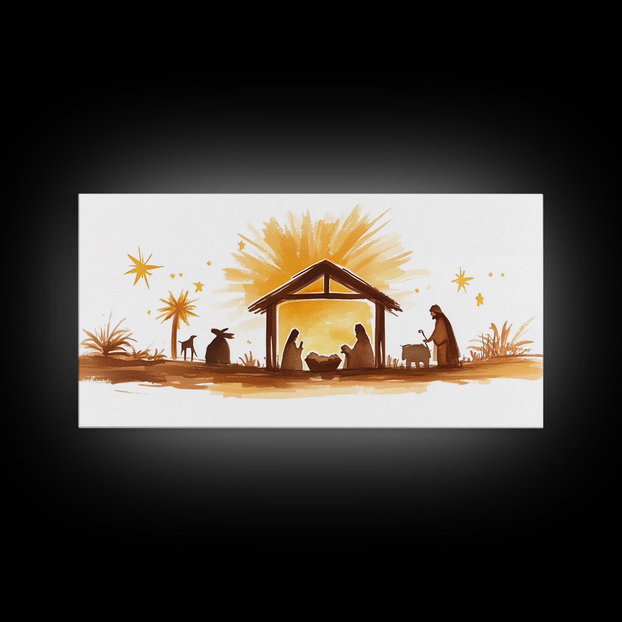 Cute Nativity Watercolor Painting Canvas Print - Framed Wall Art - Ready To Hang - Christmas Nativity Centerpiece Wall Art