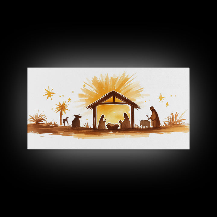 Cute Nativity Watercolor Painting Canvas Print - Framed Wall Art - Ready To Hang - Christmas Nativity Centerpiece Wall Art