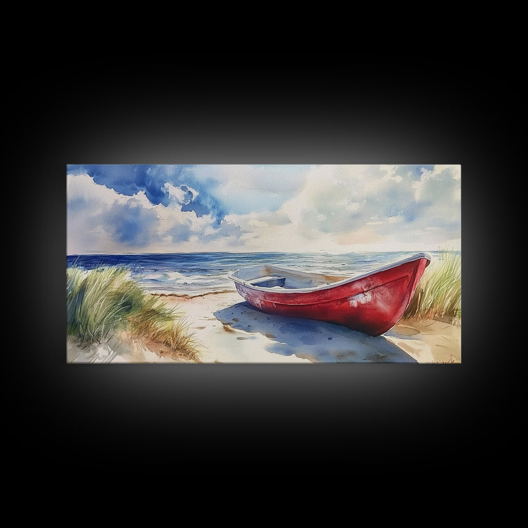 Coastal Decor - Painting of a Canoe On The beach Framed Canvas Print - Maine Painting - Maine Wall Art - Coastal Home Decor - Beach Art