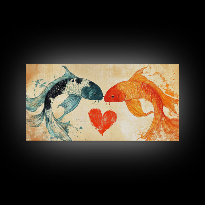 Cute Koi Fish Kissing - Couple Gift Idea - Framed Canvas Print - Valentine's Day Wall Art - Wall Art For Couples - Engagement Gift Idea