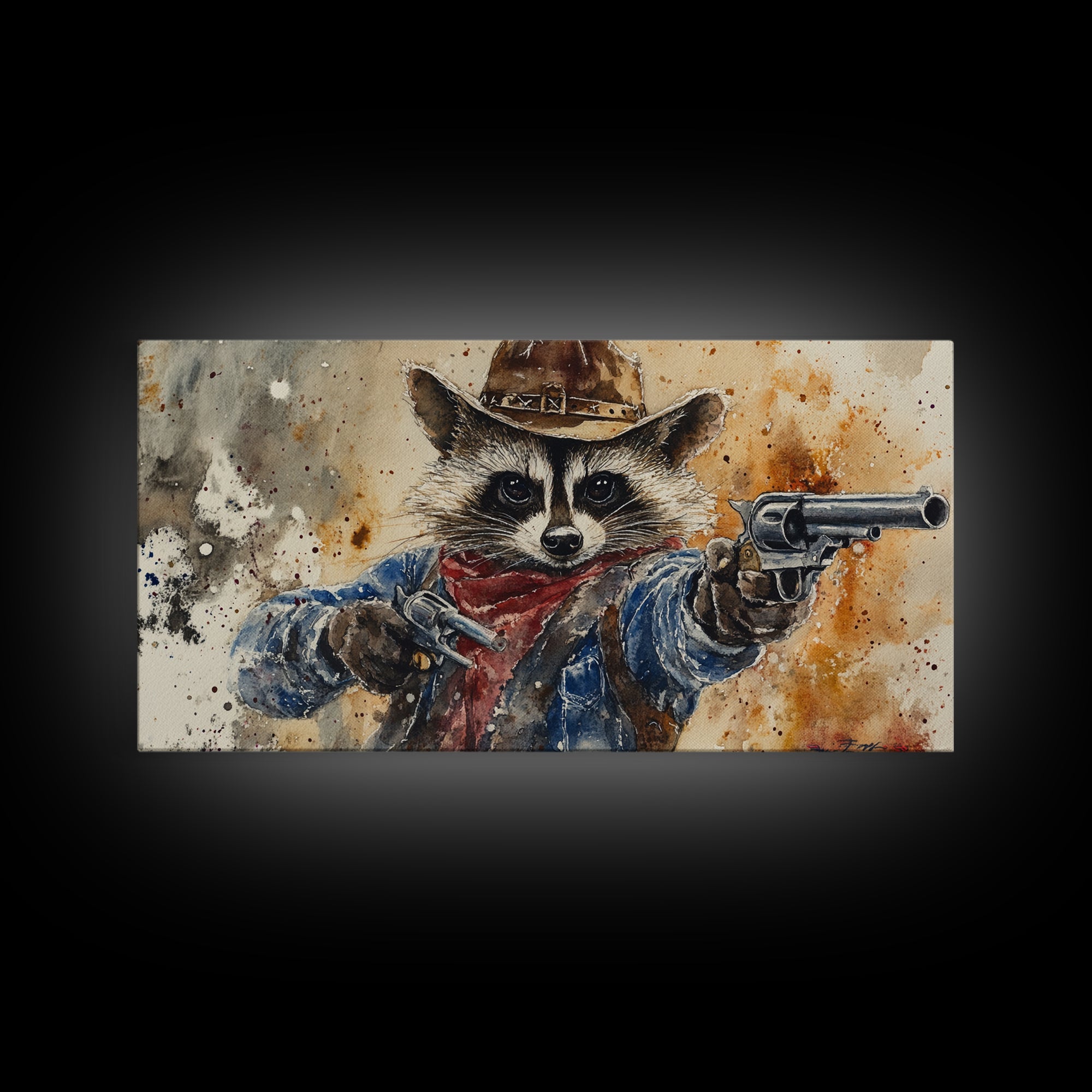 Rootin' Tootin' Cowboy Shootin' Wildwest Cowboy Raccoon Canvas Print - Racoon Painting - Cowboy Raccoon