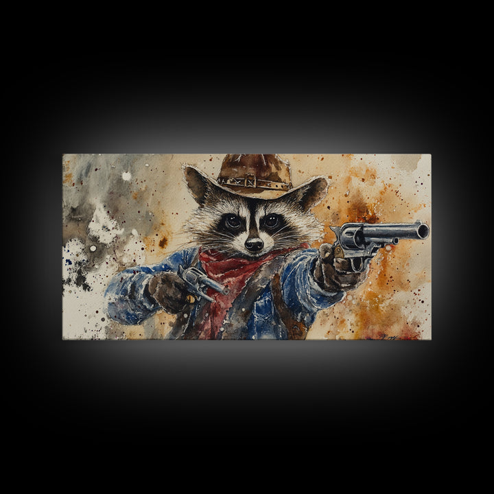 Rootin' Tootin' Cowboy Shootin' Wildwest Cowboy Raccoon Canvas Print - Racoon Painting - Cowboy Raccoon