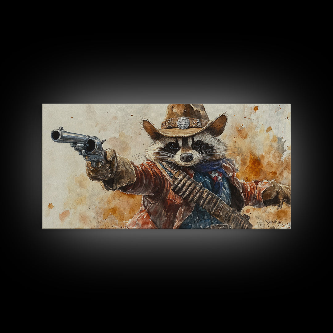 Rootin' Tootin' Cowboy Shootin' Wildwest Cowboy Raccoon Canvas Print - Racoon Painting - Cowboy Raccoon - Wild West Art
