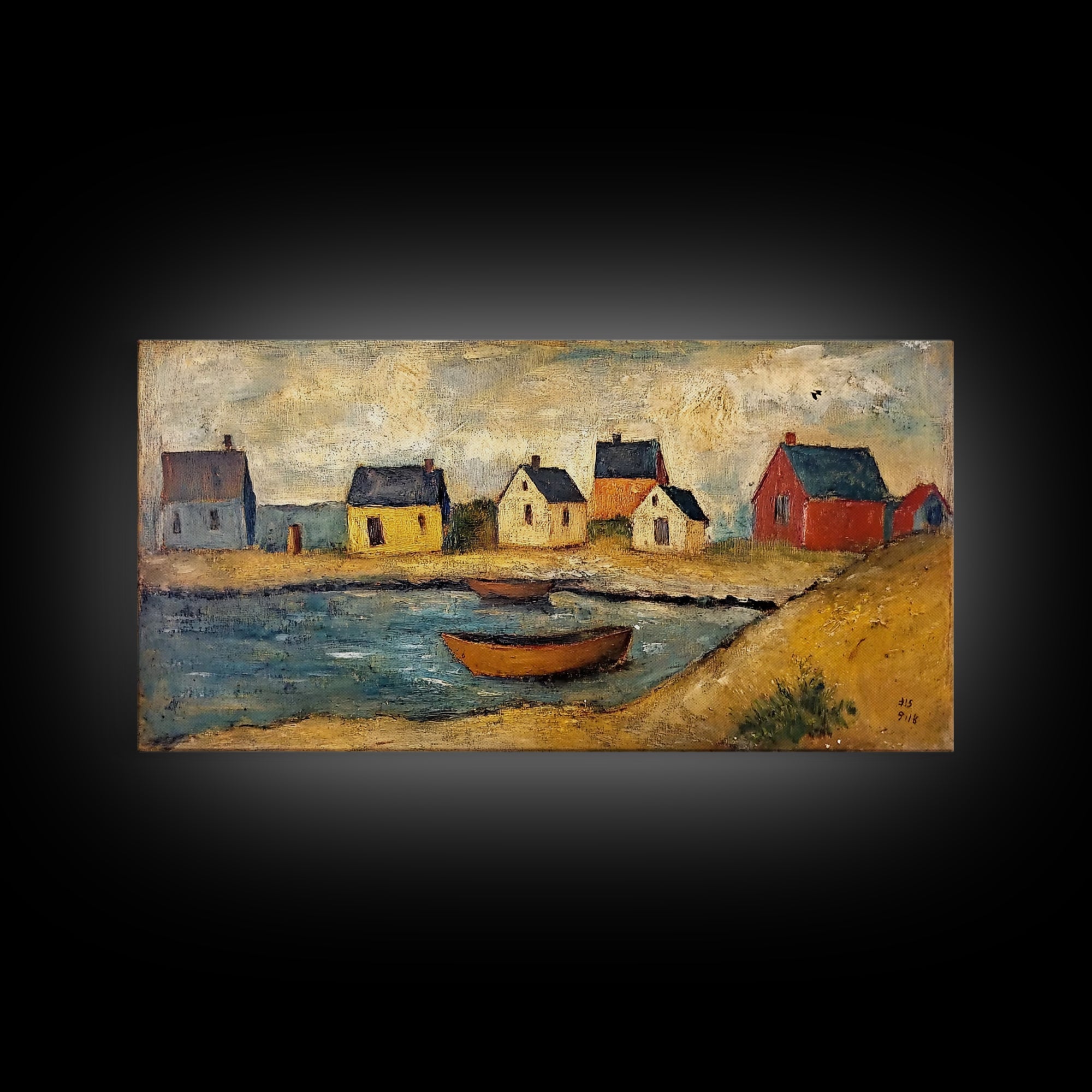 Nautical Landscape Canvas Print, 19th Century Folk Art Seascape Painting, Nautical Decor, Retro Minimalist Seaside Village Oil Painting