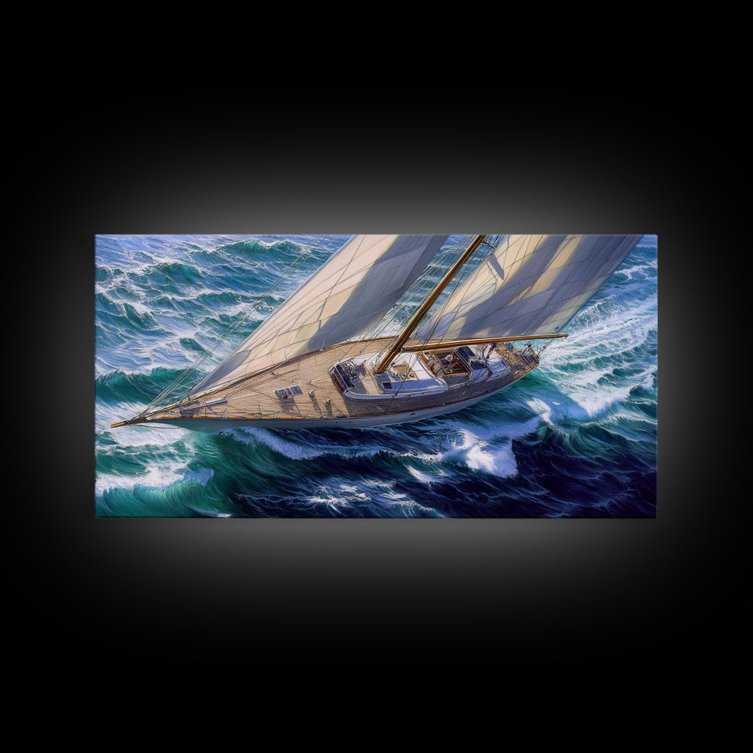 Bird's Eye View of a Retro Sailboat Painting Print, Sailboat Wall Art, Nautical Decor, Sailing Gift Idea, Sailing Wall Art