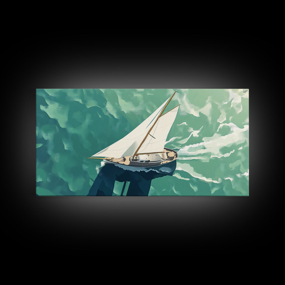 Bird's Eye View of a Sailboat Nautical Painting Print, Framed Canvas Art, Statement Piece, Nautical Centerpiece Wall Art