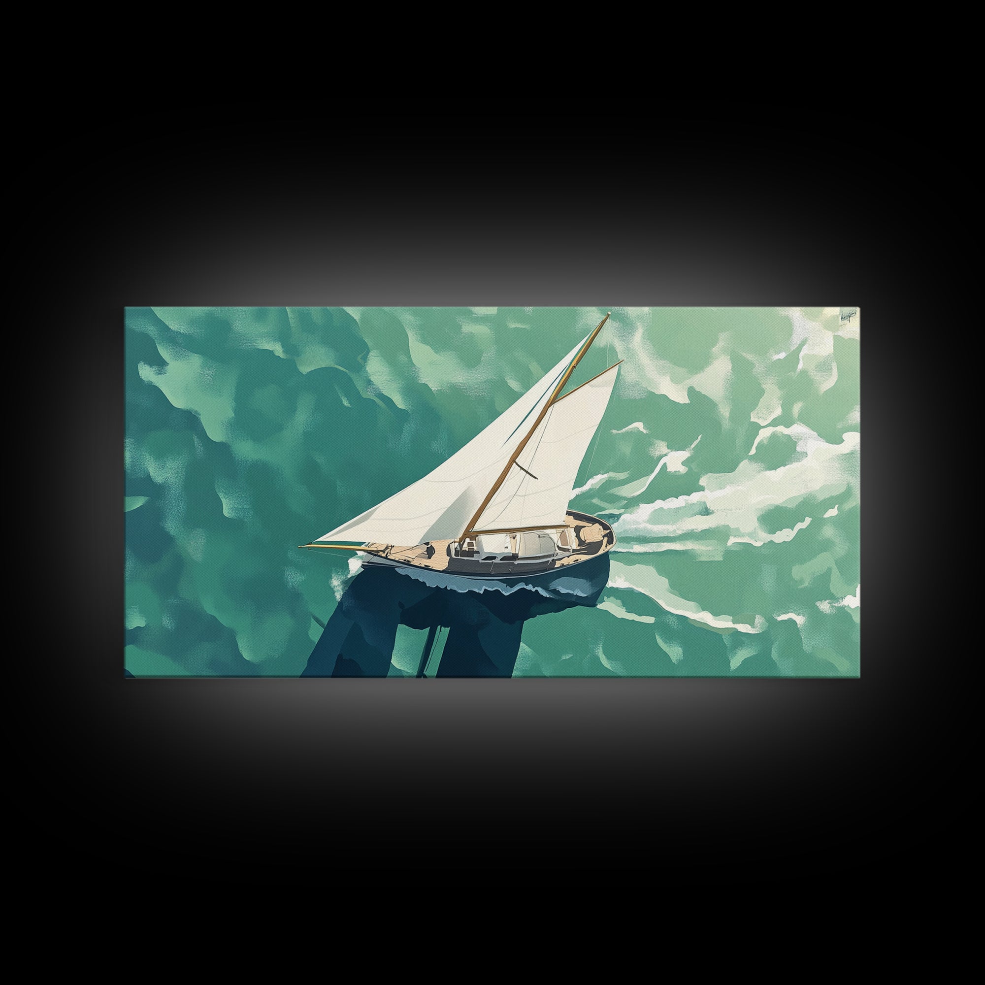 Bird's Eye View of a Sailboat Nautical Painting Print, Framed Canvas Art, Statement Piece, Nautical Centerpiece Wall Art