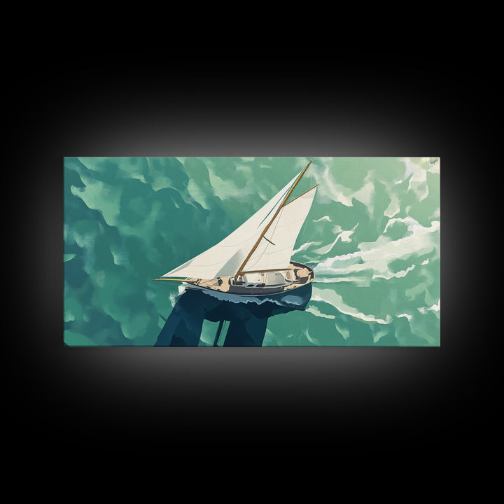 Bird's Eye View of a Sailboat Nautical Painting Print, Framed Canvas Art, Statement Piece, Nautical Centerpiece Wall Art