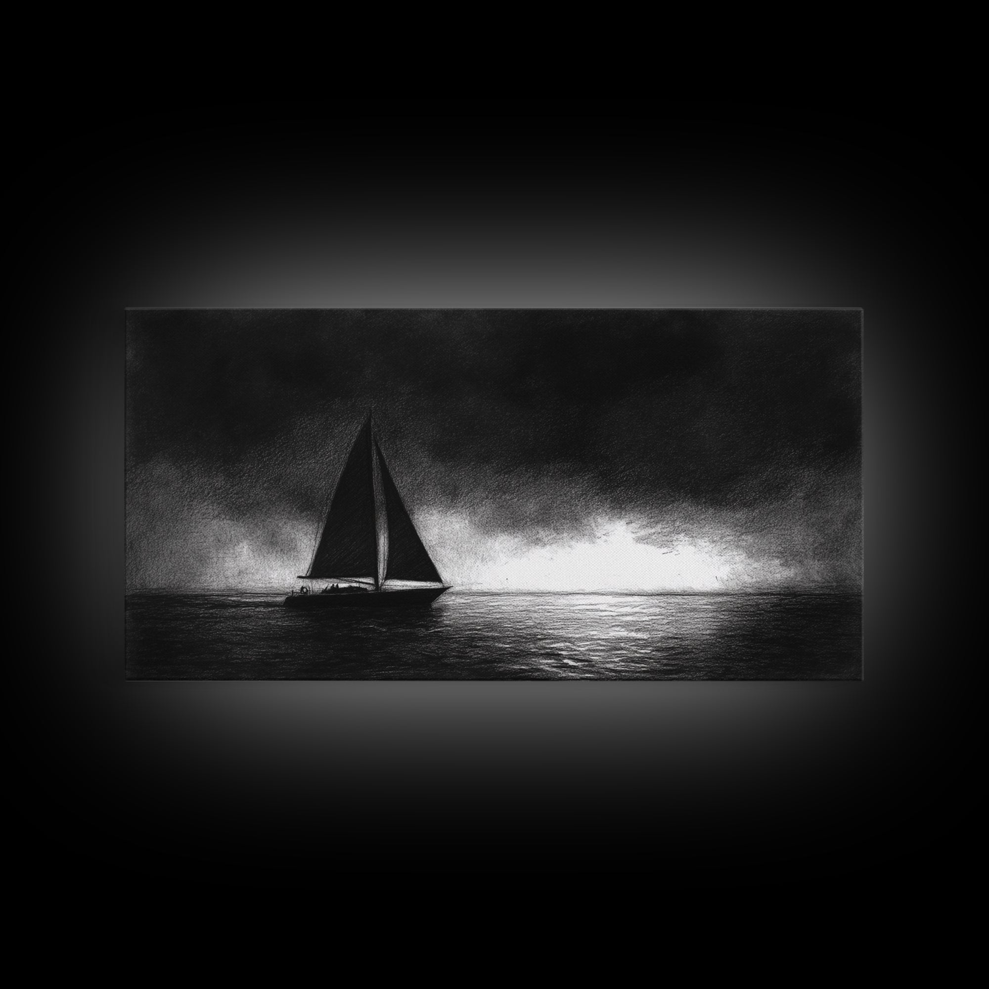 Black and White Sketch Print of a Sailboat In a Storm, Framed Canvas Print, Nautical Wall Art, Nautical Home Decor