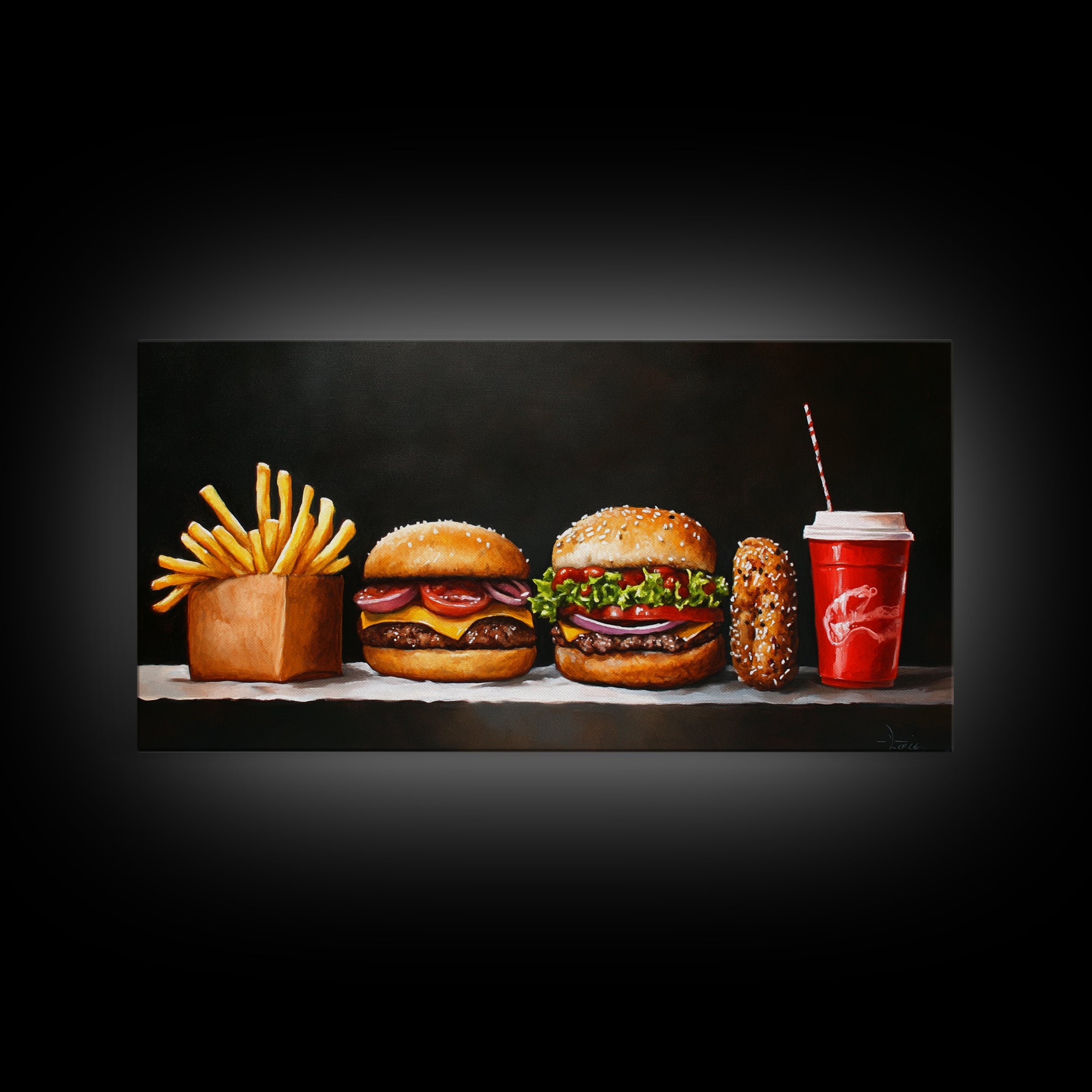 Burger and Fries Framed Canvas Print, Kitchen Canvas Art, Kitchen Wall Art, Burger Painting, Burger Art, Dining Room Wall Art